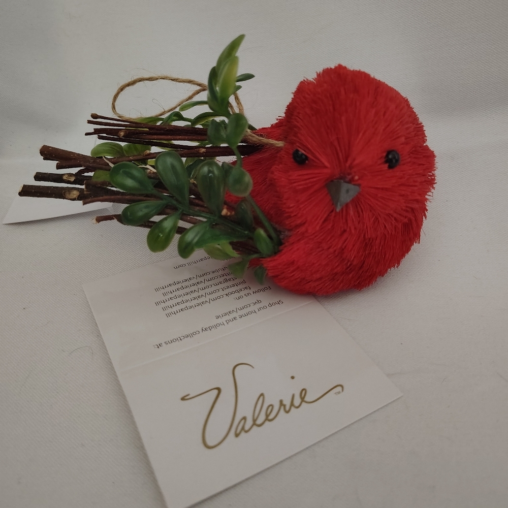 🎄6 Red Bird Ornaments with Green Accents